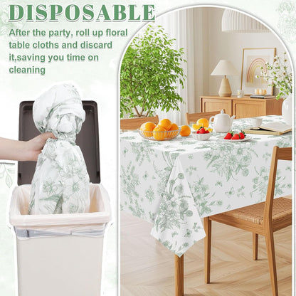 NatNarr 3 Pack Sage Green Floral Plastic Tablecloths, Tea Party Tablecloth