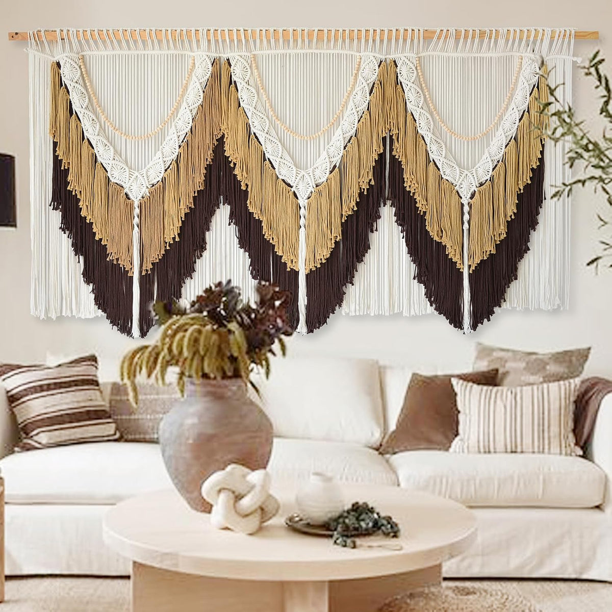 Macrame Wall Hanging Brown Tassel Knotting Fiber Art Boho Decor 47" W*25" L