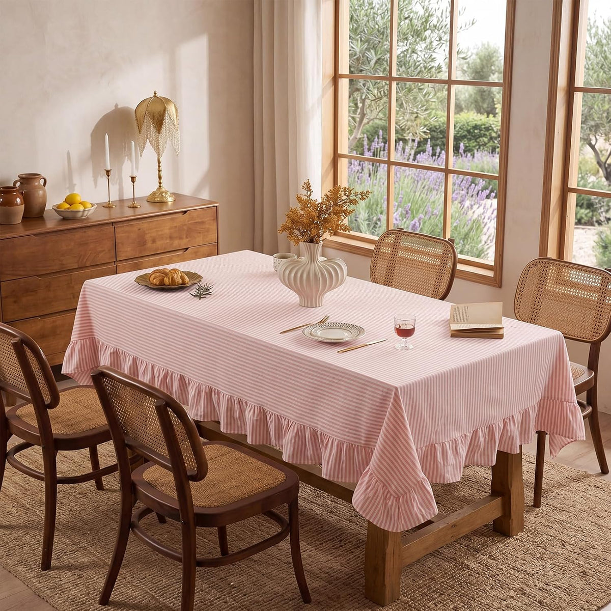 Moukeren 60 x 120 in Farmhouse Ruffle Striped Tablecloth, Pink, Striped