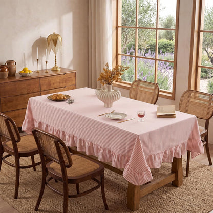 Moukeren 60 x 120 in Farmhouse Ruffle Striped Tablecloth, Pink, Striped