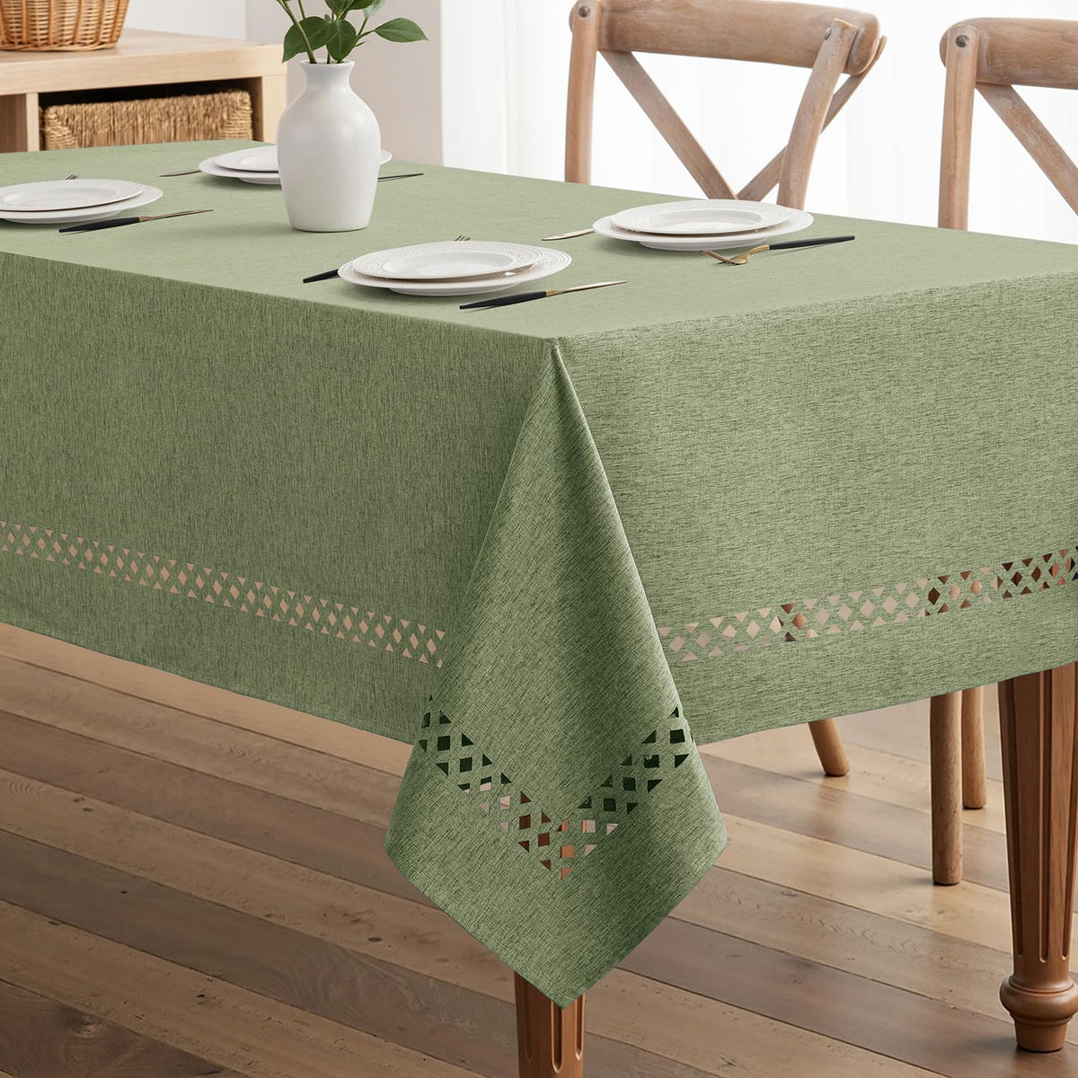 MIULEE Beige Rectangle Tablecloth with Decorative Cutouts 52x70 Inch