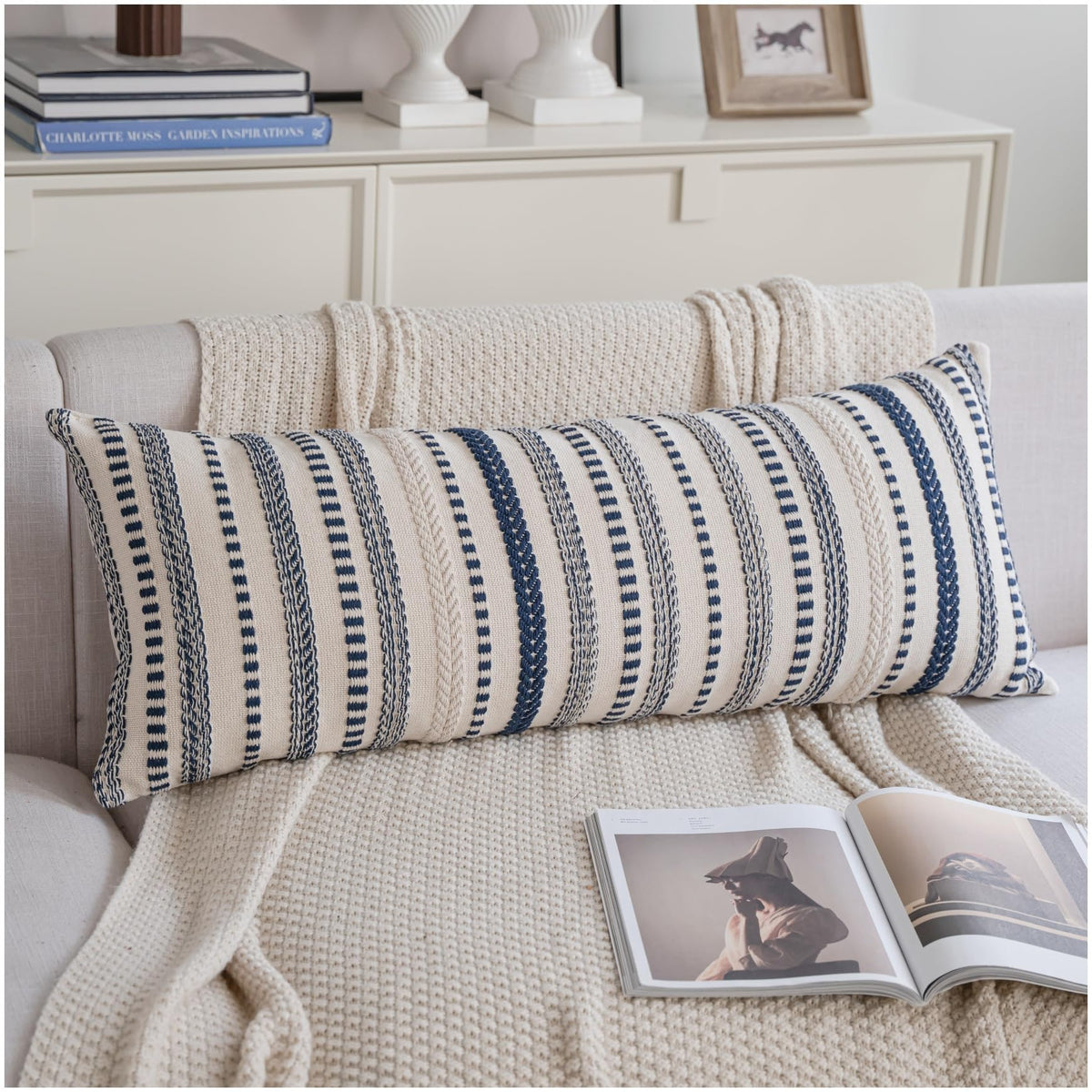 Cethom Navy Blue Boho Throw Pillow Covers 18x18 Inch Set of 2, Stripe Textured Decorative Couch Pillow Cases for Bed, Sofa, Living Room, Bedroom, Farmhouse Home Accent Cushion Covers