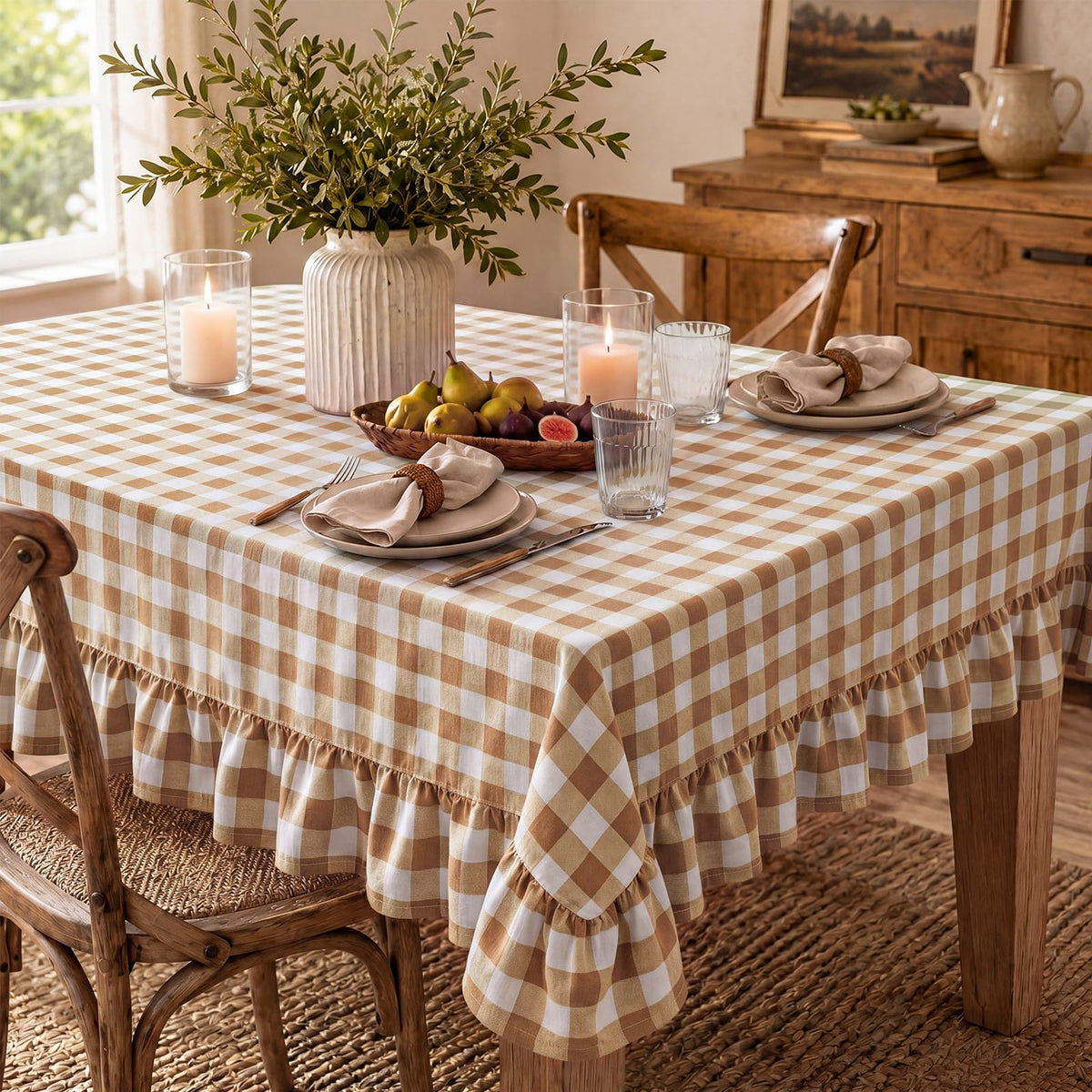 Mindsoft Light Pink Gingham Ruffled Tablecloth, 52 x 70 Inches, Rectangle