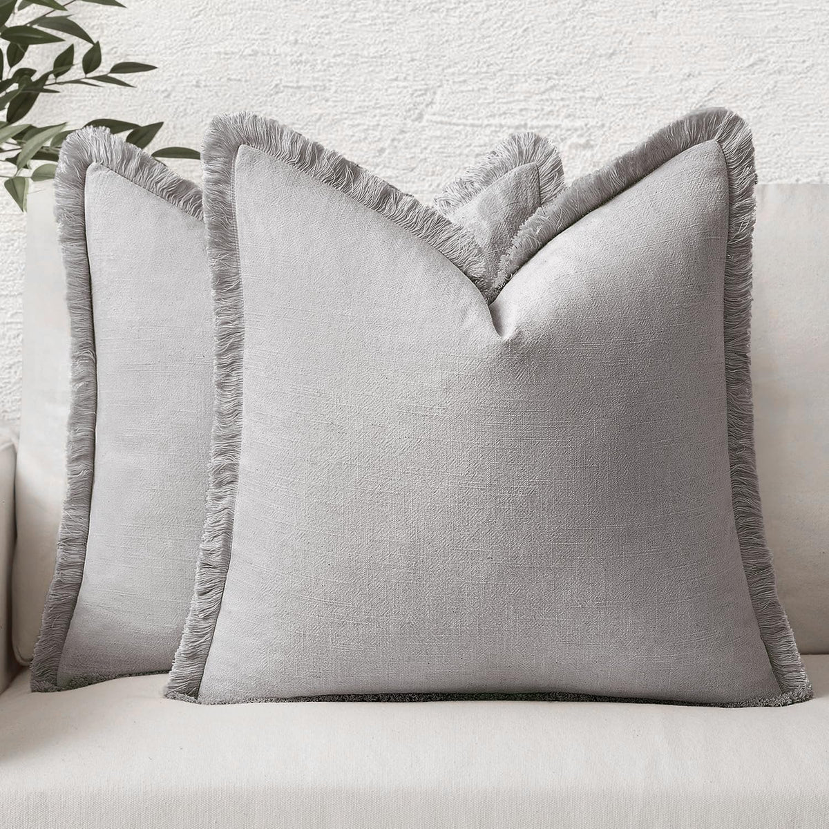 MIULEE Linen Fringe Decorative Throw Pillow Covers Natural Beige 20x20