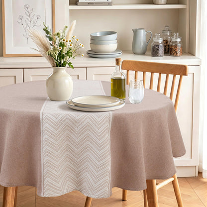 JIUZHEN Round Table Cloth Faux Linen Farmhouse Tablecloth Wrinkle and Stain Resistant Decorative Fabric Table Cover for Kitchen, Dining Room, Parties and Camping, Beige, 120 Inch Round
