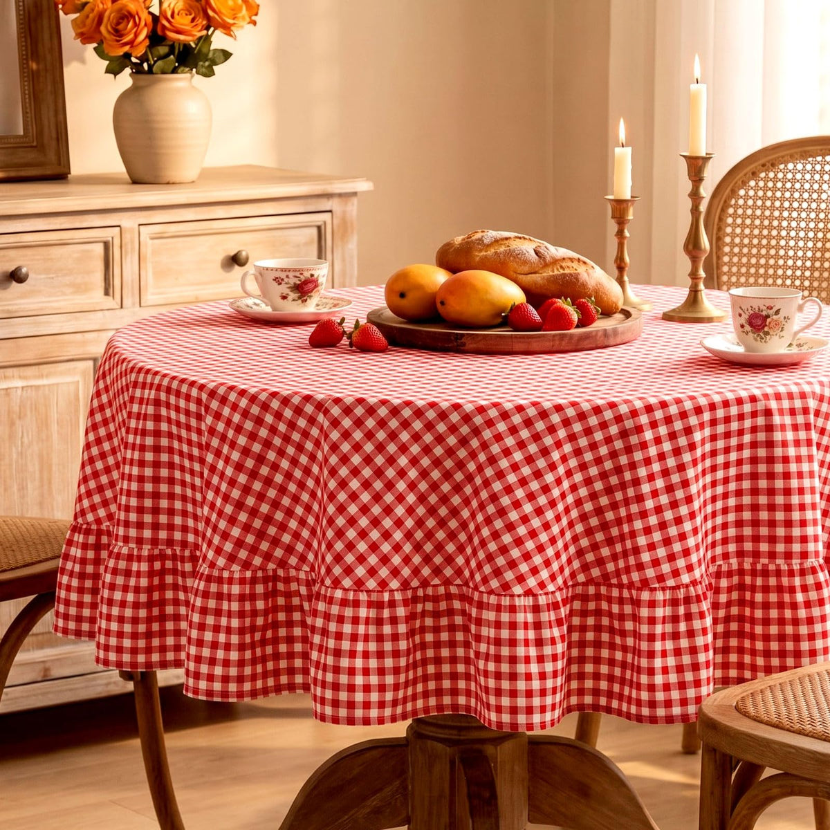 Mindsoft Light Pink Gingham Ruffled Tablecloth, 52 x 70 Inches, Rectangle