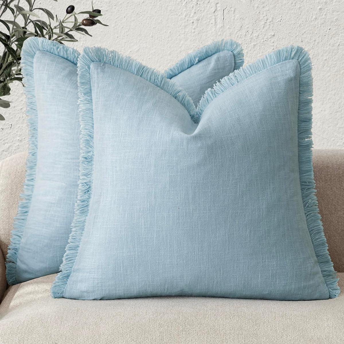 Foindtower Decorative Linen Fringe Throw Pillow Covers 20×20 Olive Green