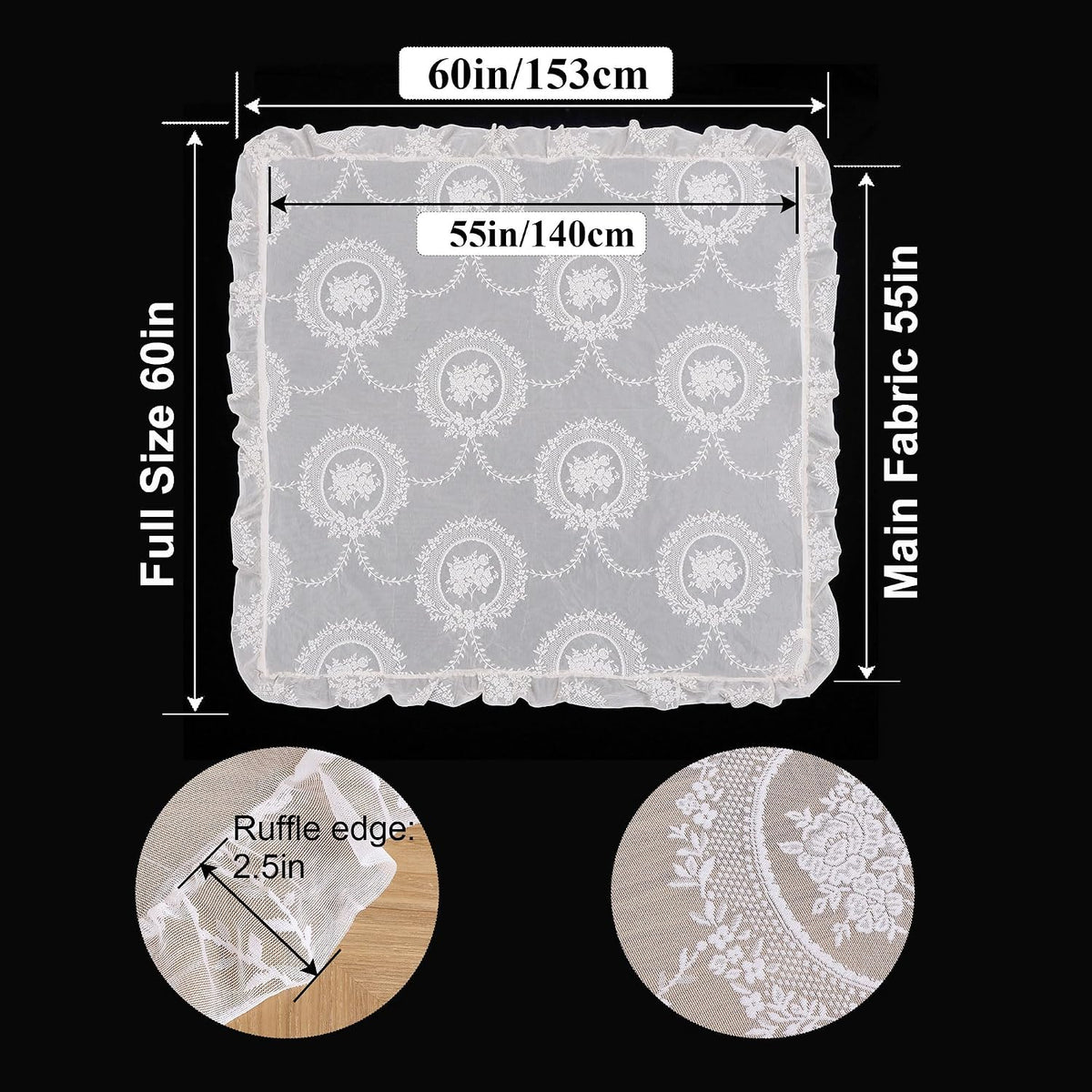 White Lace Floral Embroidered Square Tablecloth 55”x55” Table Cloth