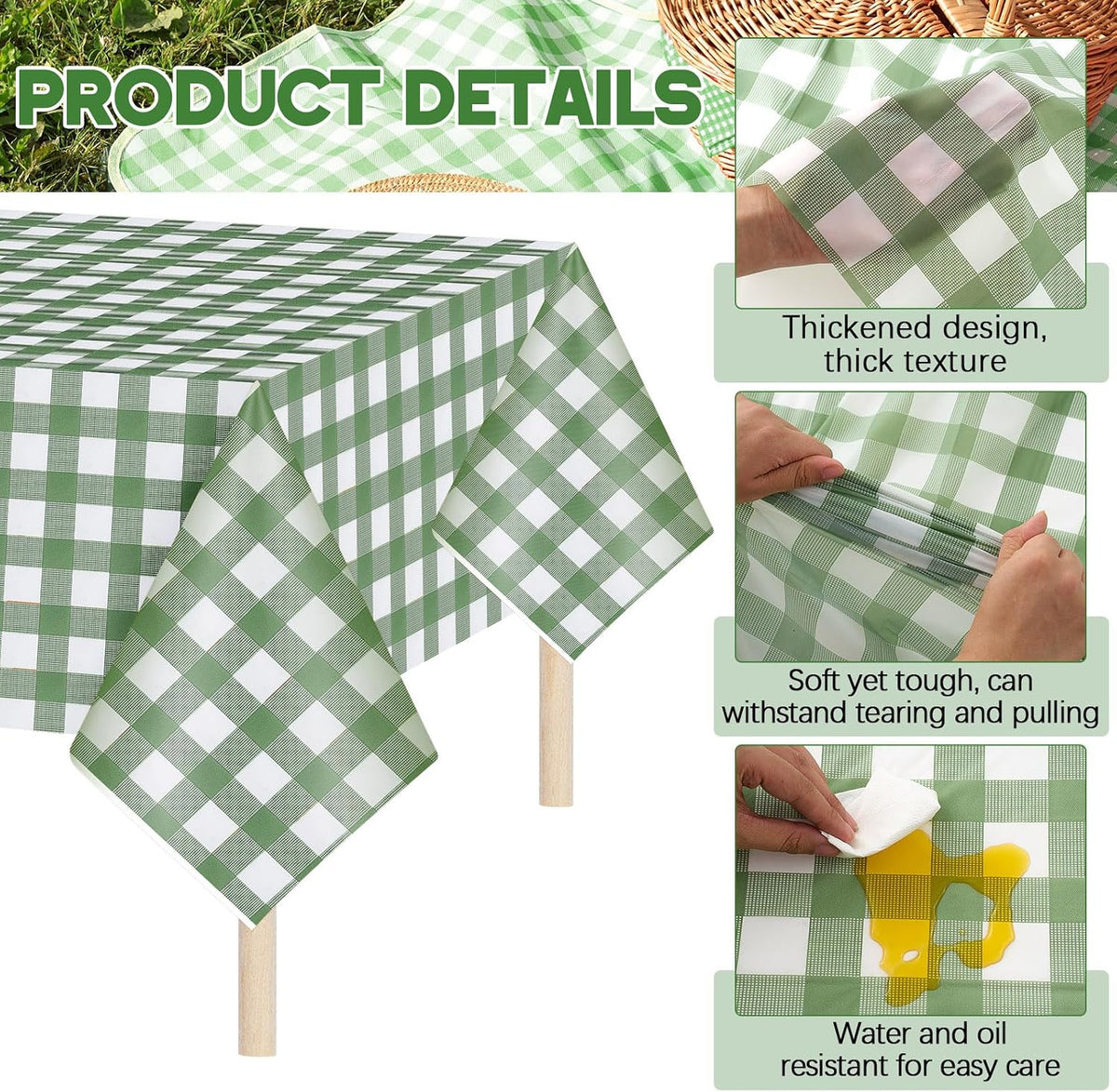 Mindsoft 10 Pack Gingham Party Tablecloth, 54 x 108 Inch Plastic Waterproof Heckered Disposable Plaid Party Tablecover for Picnic Birthday Baby Shower Bridal Wedding (Sage Green Checkered)