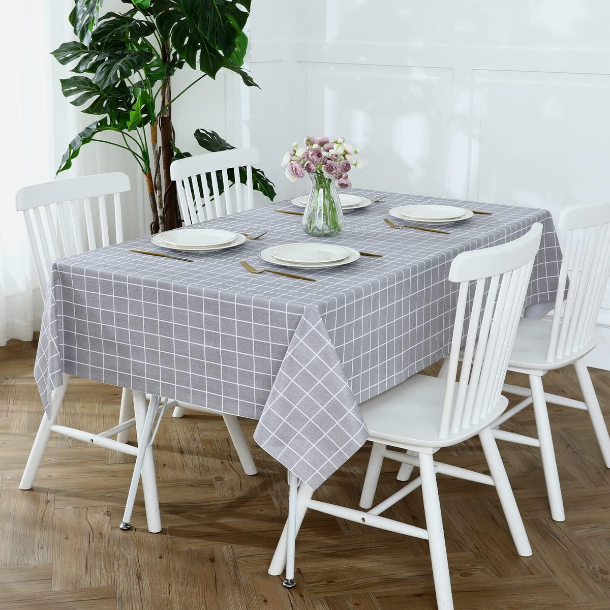 Romanstile Rectangle Vinyl Tablecloth, 100% Waterproof Oil-Proof Checkered Plastic Table Cloth, Heavy Duty Wipeable Table Covers for Dining, Camping, Picnic, Outdoor - 54 x 78 Inch, Grey