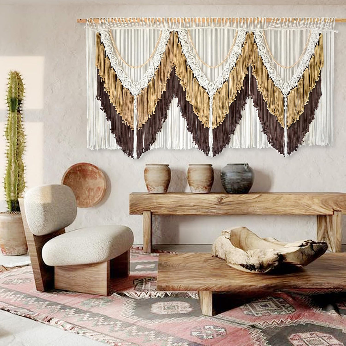 Macrame Wall Hanging Brown Tassel Knotting Fiber Art Boho Decor 47" W*25" L