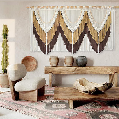 Macrame Wall Hanging Brown Tassel Knotting Fiber Art Boho Decor 47" W*25" L