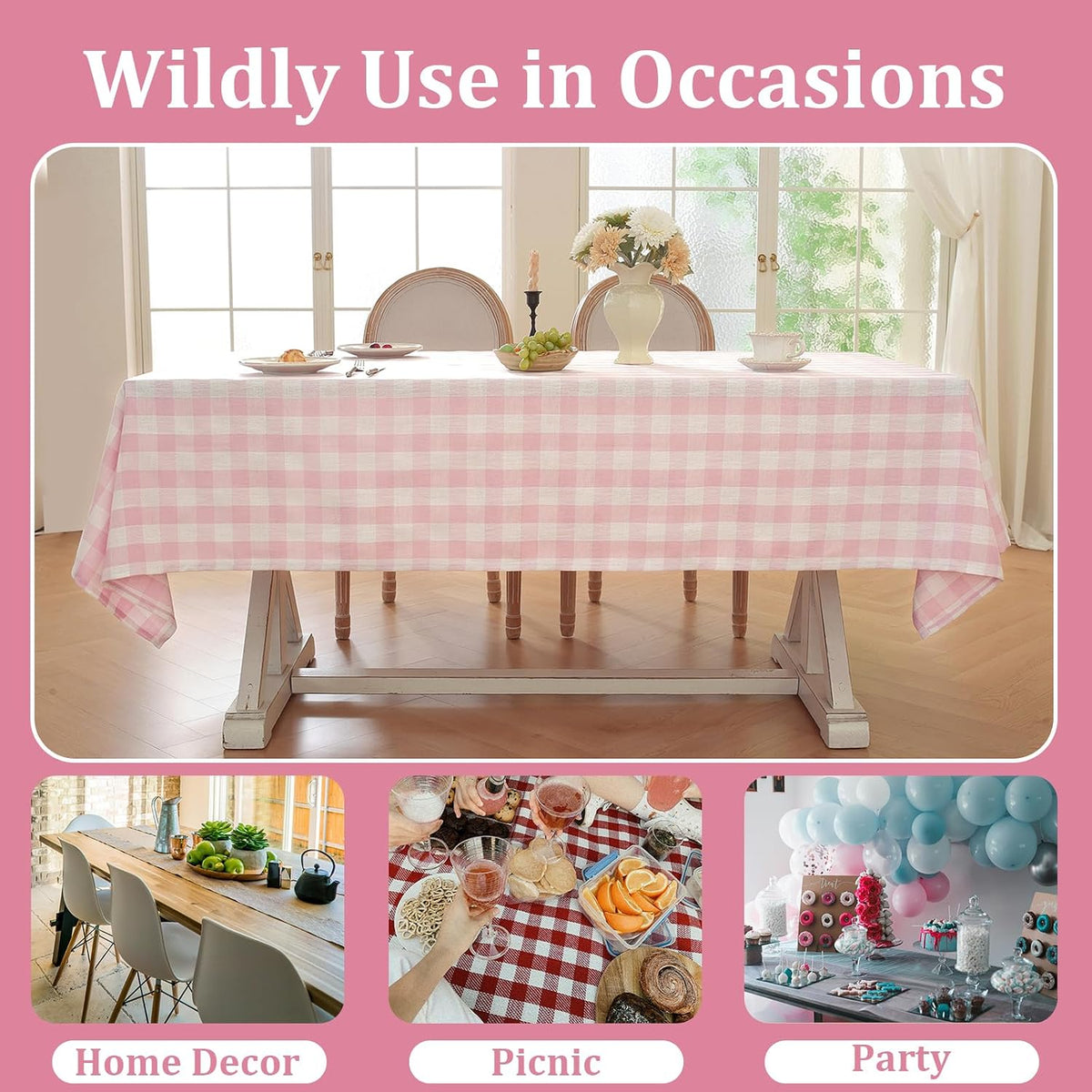 Laolitou Spring Pink Gingham Table Cloth Rectangle Tables Buffalo Plaid Checkered Tablecloth Cotton Linen Farmhouse Tablecloths Washable Wrinkle Free for Picnic Kitchen, 60"x75" 4-6 Seats