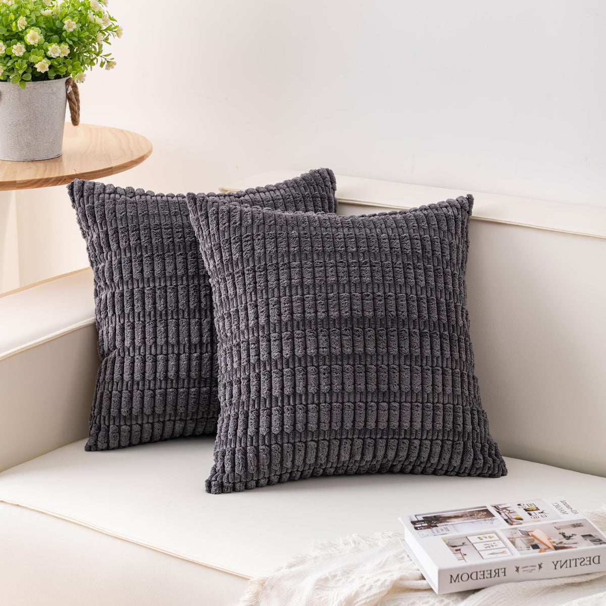 Pack of 2 Corduroy Decorative Throw Pillow Covers 18x18 Inch, Cream White