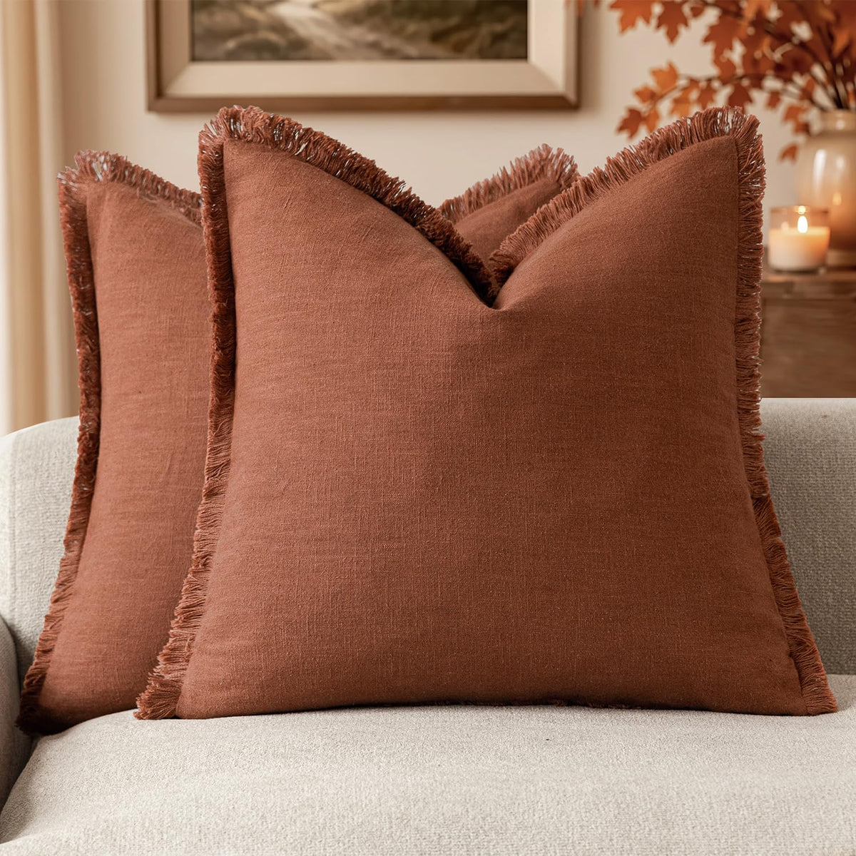 Foindtower Decorative Linen Fringe Throw Pillow Covers 20×20 Olive Green