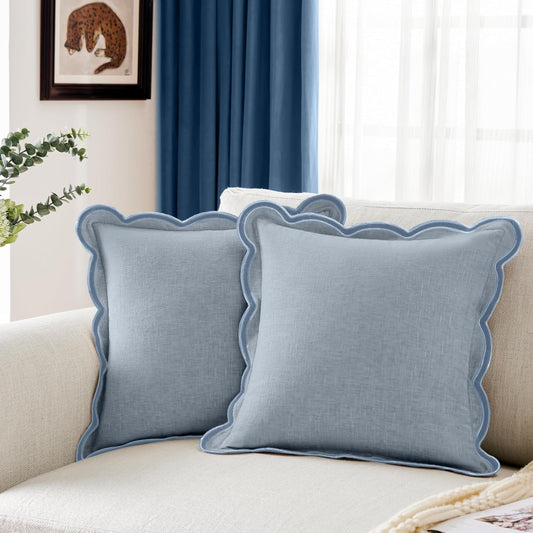 Ohocut Scalloped Pillow Cover Pack of 2 Spring Chenille Decorative Throw Pillow Covers Cute Boho Couch Pillow Covers Aesthetic Funky Preppy Pillow Cases for Sofa Living Room (Misty Blue, 18x18 Inch)