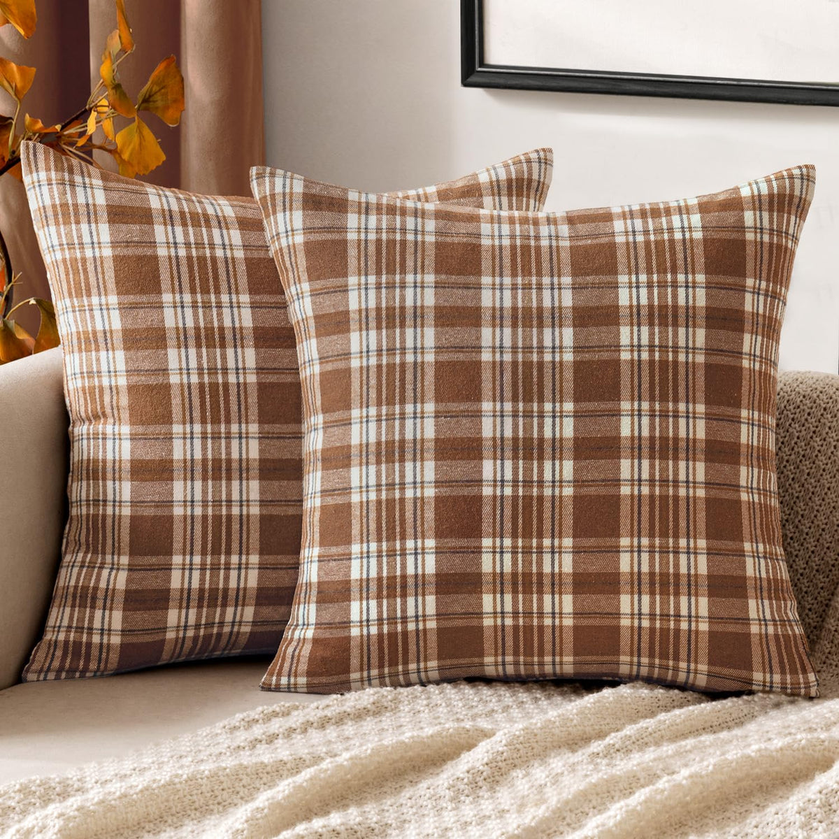 MIULEE Fall Plaid Pillow Covers Scottish Tartan 18x18 Terracotta Brown
