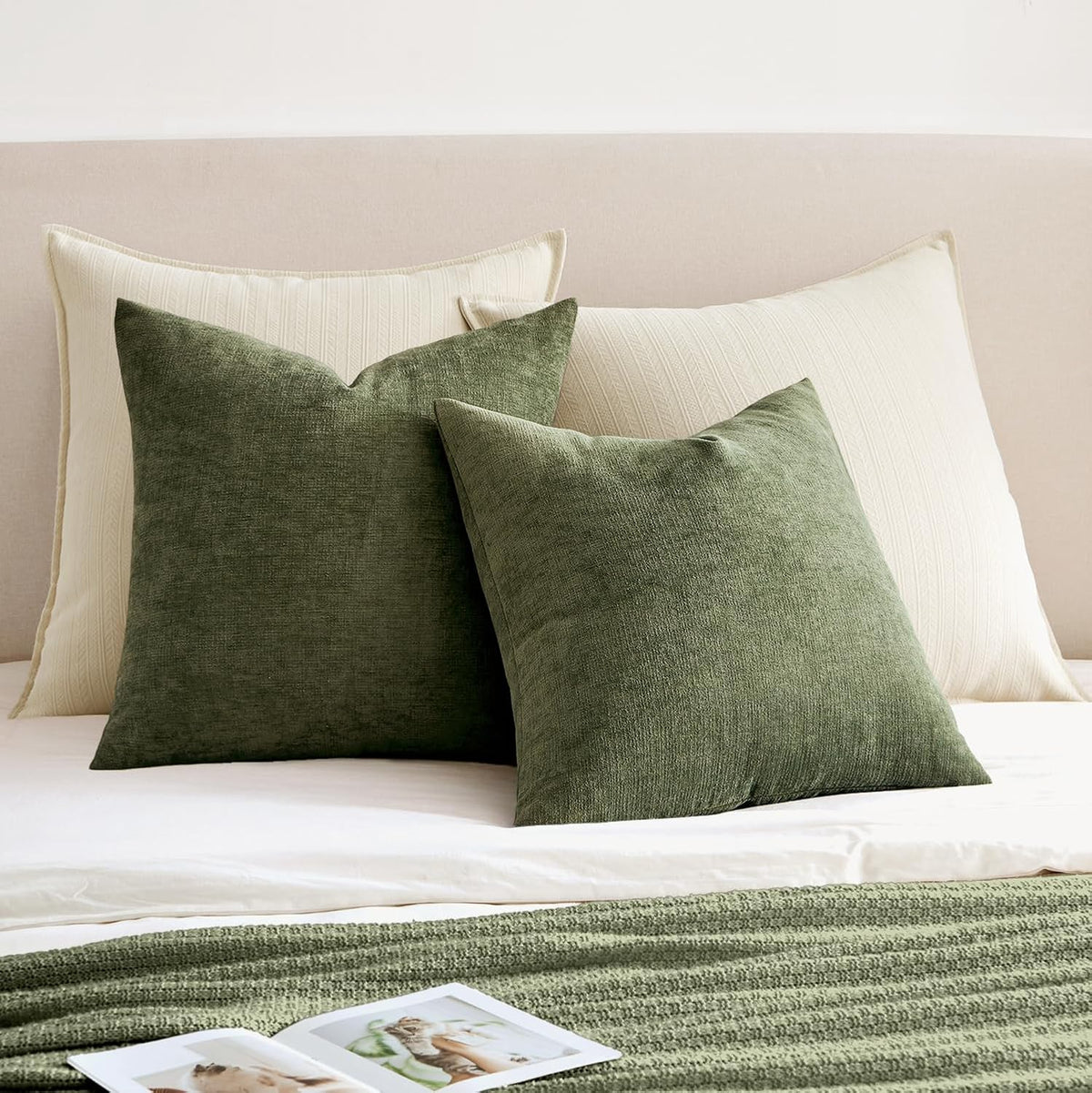 MIULEE Olive Green Chenille Couch Throw Pillow Covers, 18x18