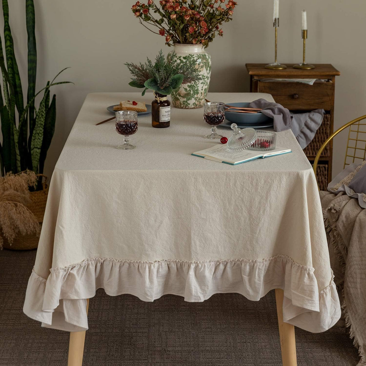 GLORY SEASON Retro Farmhouse Ruffle Tablecloth Cotton Flounces Trim Washable Table Cover Tablecloths for Rectangle Table Baby Shower Kitchen Party Wedding Decor,60''x120''