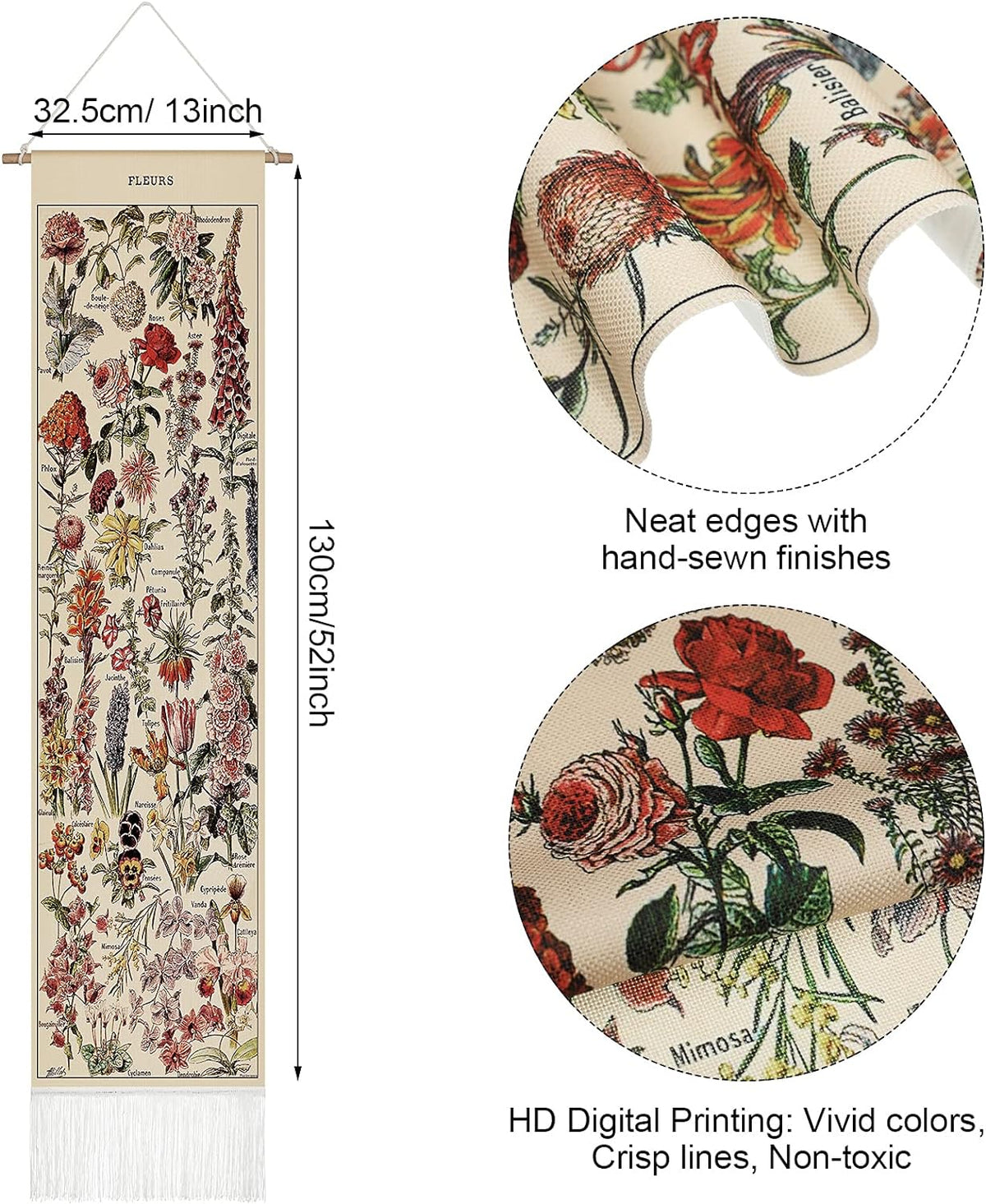 Tegeme Vintage Tapestry 52'' x 13'' Long Vertical Wall Hanging (Flower)
