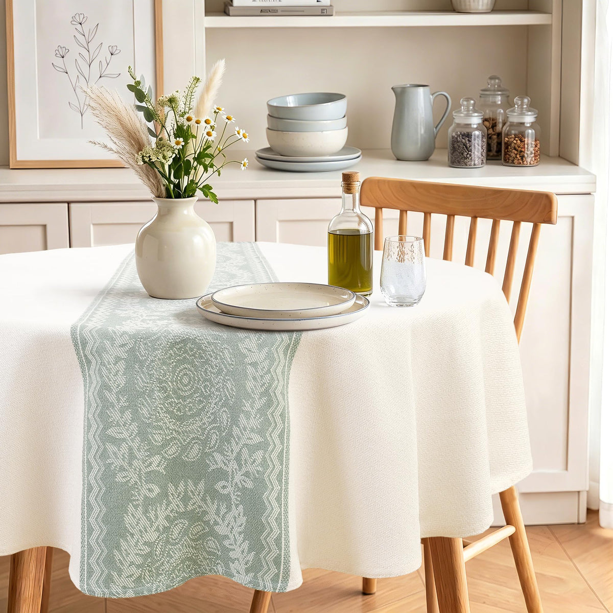 JIUZHEN Round Table Cloth Faux Linen Farmhouse Tablecloth Wrinkle and Stain Resistant Decorative Fabric Table Cover for Kitchen, Dining Room, Parties and Camping, Beige, 120 Inch Round