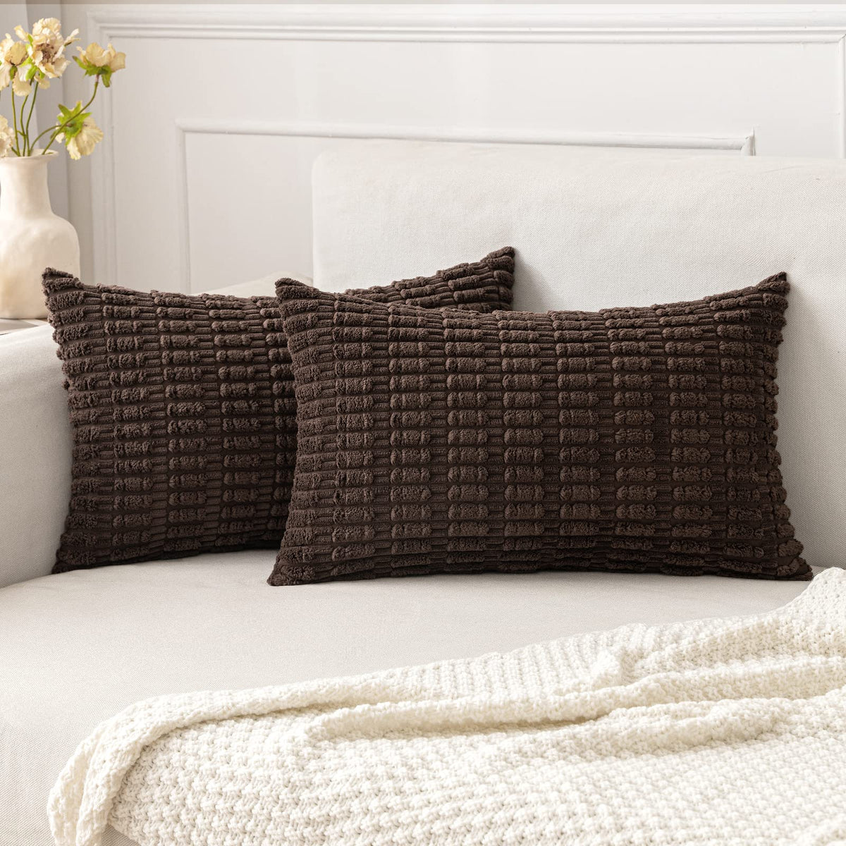 MIULEE Corduroy Decorative Throw Pillow Covers 18x18 Cream White Pack of 2