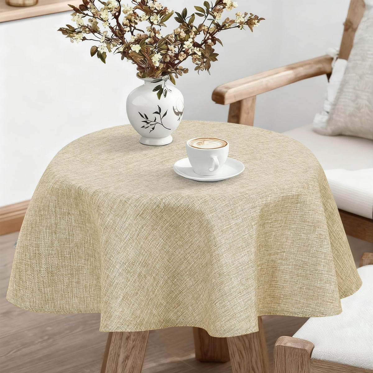 JIUZHEN Round Table Cloth Faux Linen Farmhouse Tablecloth Wrinkle and Stain Resistant Decorative Fabric Table Cover for Kitchen, Dining Room, Parties and Camping, Beige, 120 Inch Round