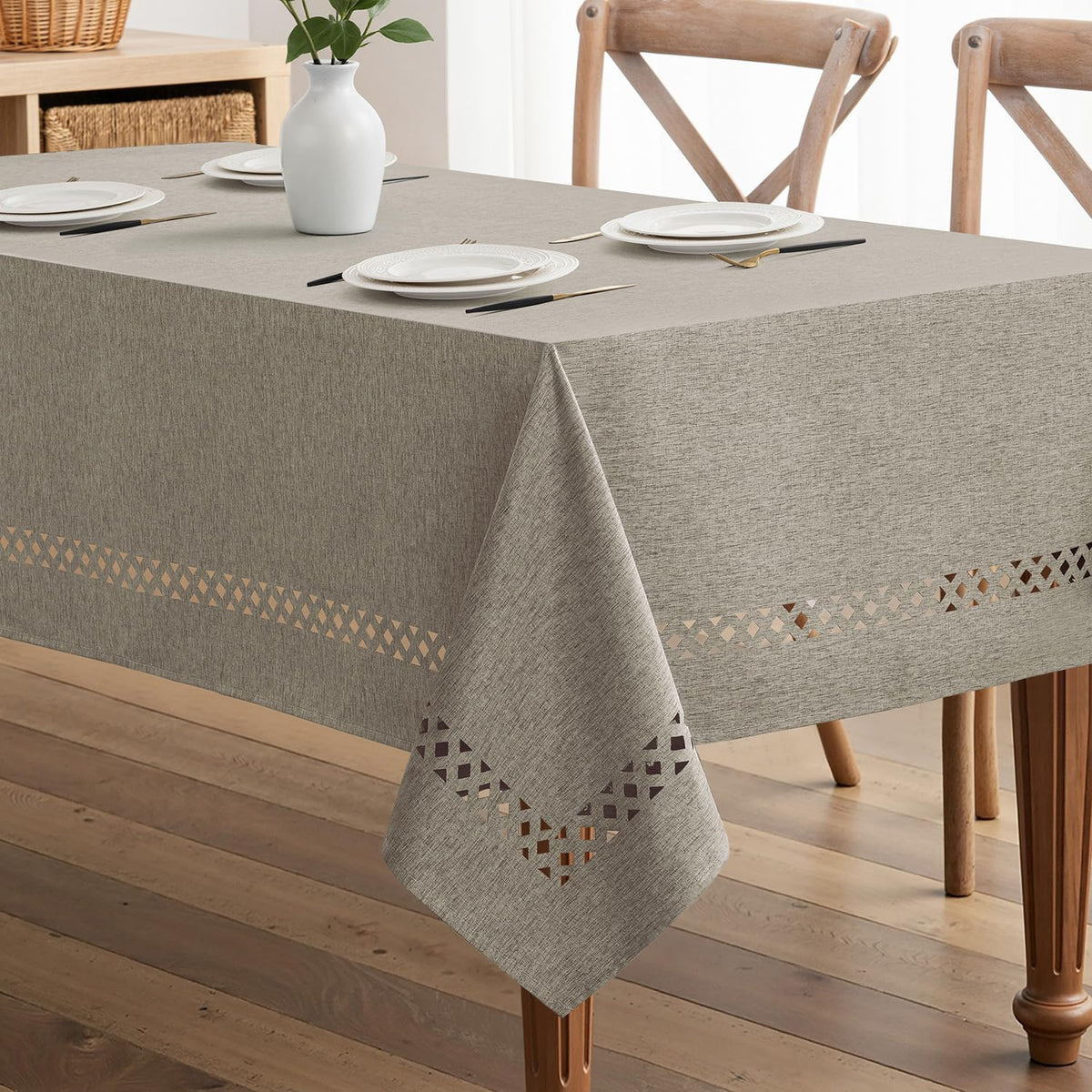 MIULEE Beige Rectangle Tablecloth with Decorative Cutouts 52x70 Inch