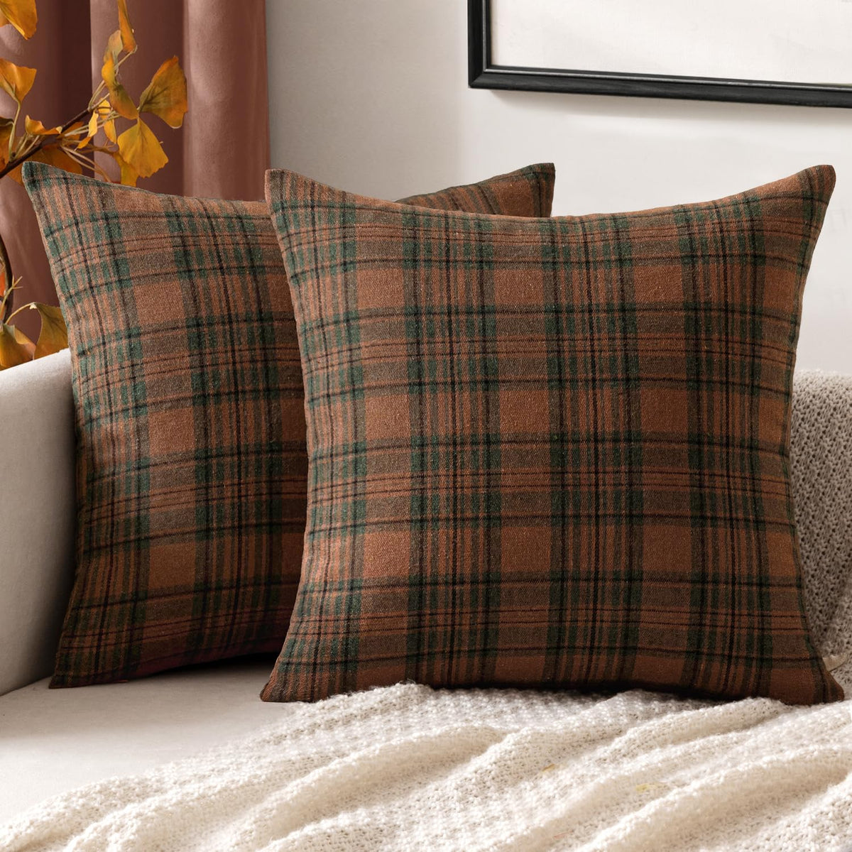 MIULEE Fall Plaid Pillow Covers Scottish Tartan 18x18 Terracotta Brown