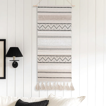 BlissBlush Long Vertical Wall Hanging Tapestry Woven Boho Farmhouse Decor Cream Beige Tassel Handmade Wall Art Decoration for Bedroom Living Room Dorm Nursery Apartment, 16x39 INCH