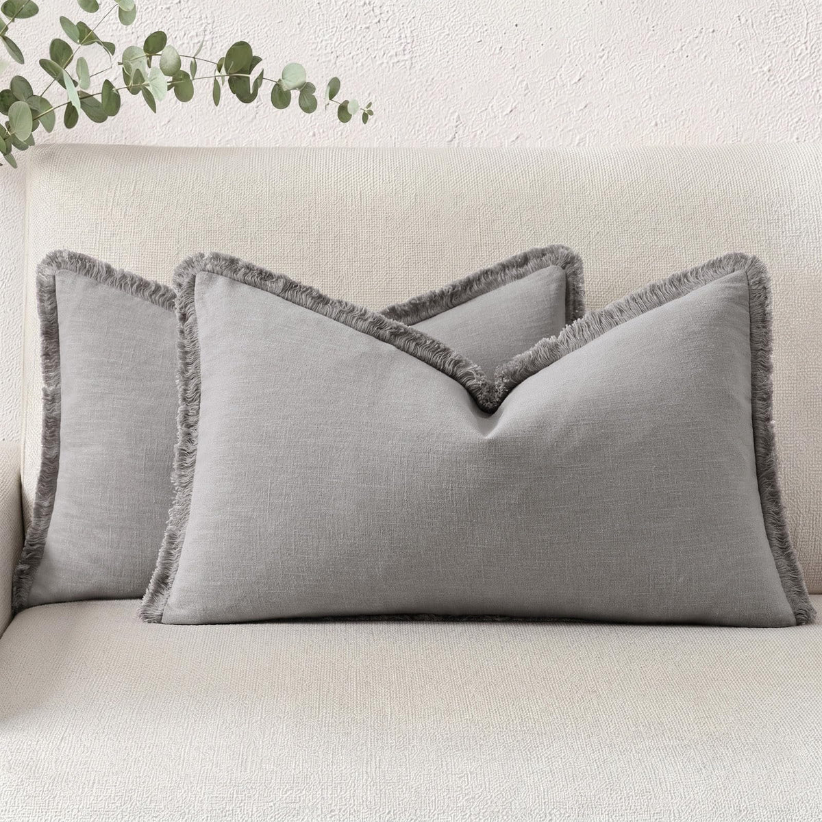 decorUhome Linen Fringe Natural Beige Throw Pillow Covers 18x18 Set of 2