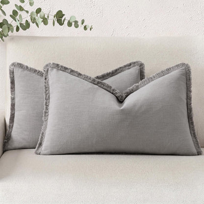 decorUhome Linen Fringe Natural Beige Throw Pillow Covers 18x18 Set of 2