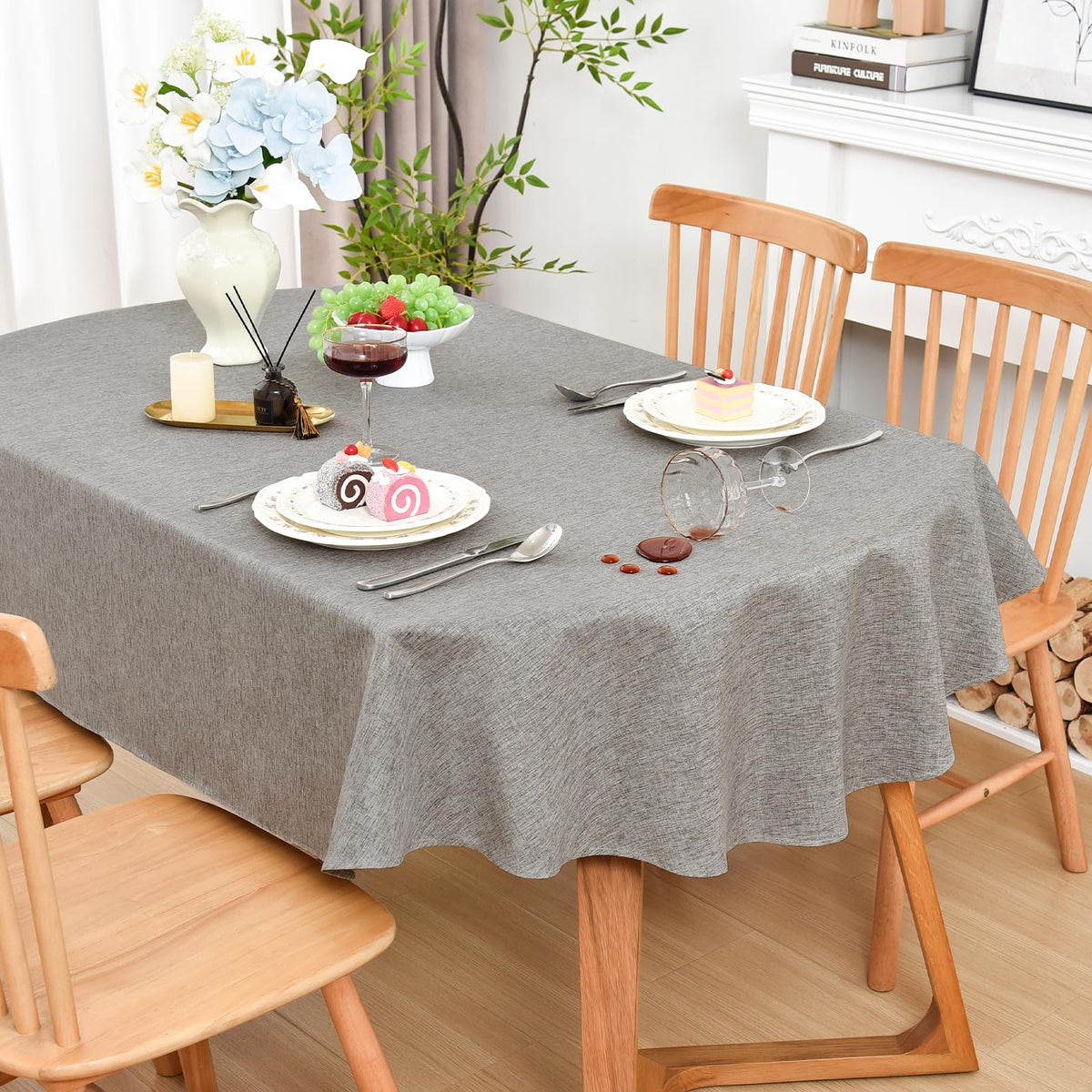Wolkemer Oval Tablecloth 60 x 102 Inches Faux Linen Water Resistant