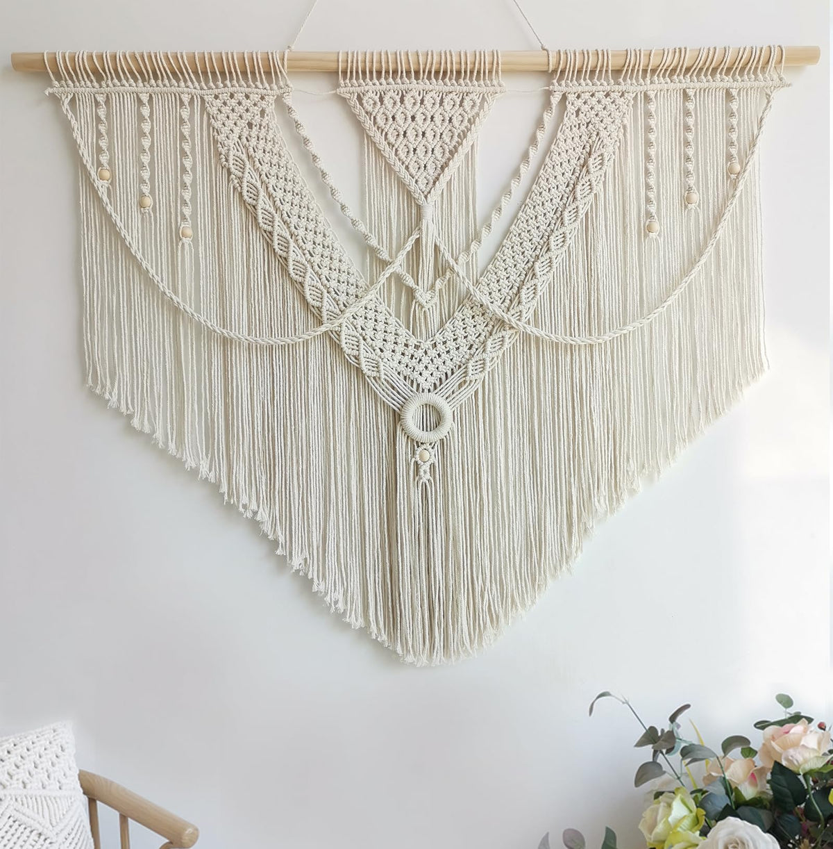 Achart Macrame Wall Hanging Large- Boho Wall Decor- large wall art- Wall Decor Living Room- Macrame Tapestry Boho Decor for Bedroom (Beige-Fringe)