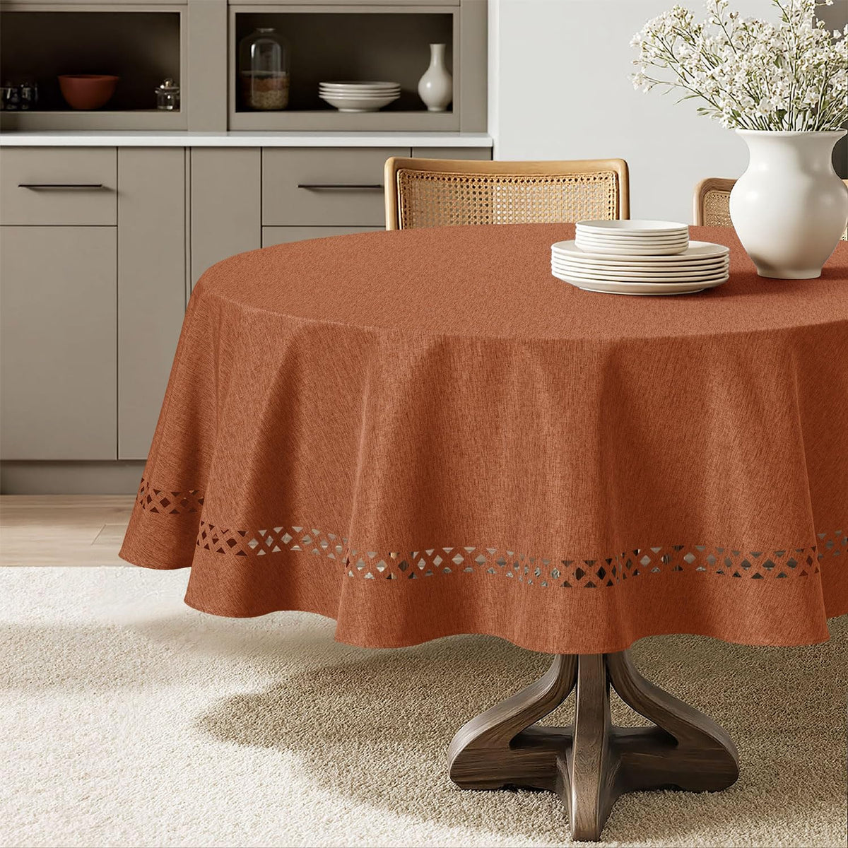 MIULEE Beige Rectangle Tablecloth with Decorative Cutouts 52x70 Inch