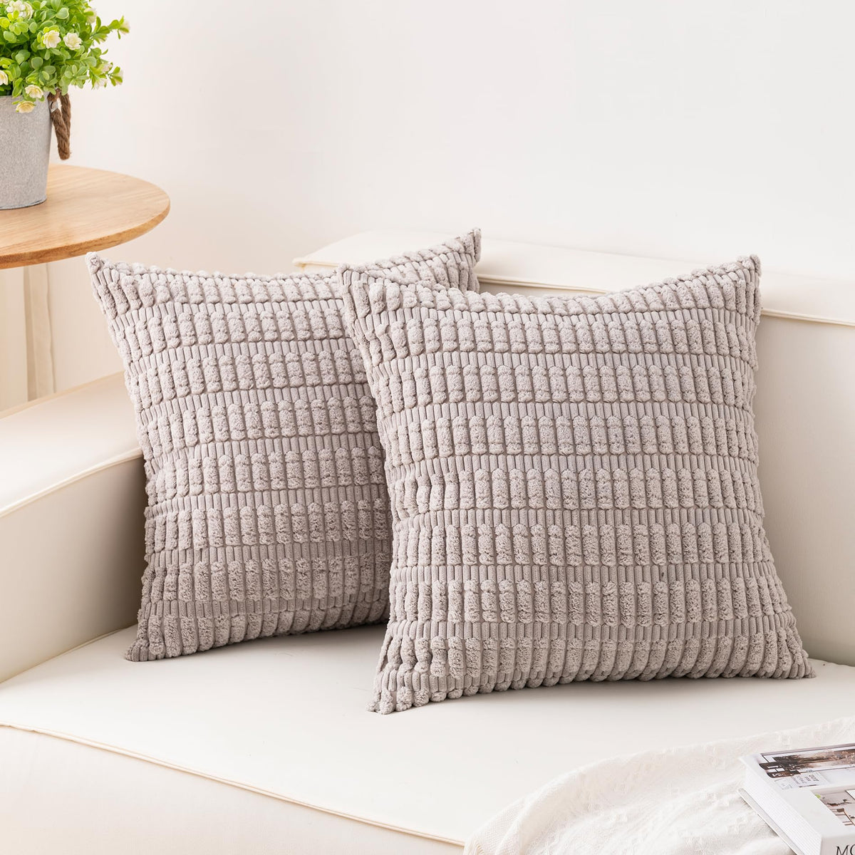 Pack of 2 Corduroy Decorative Throw Pillow Covers 18x18 Inch, Cream White