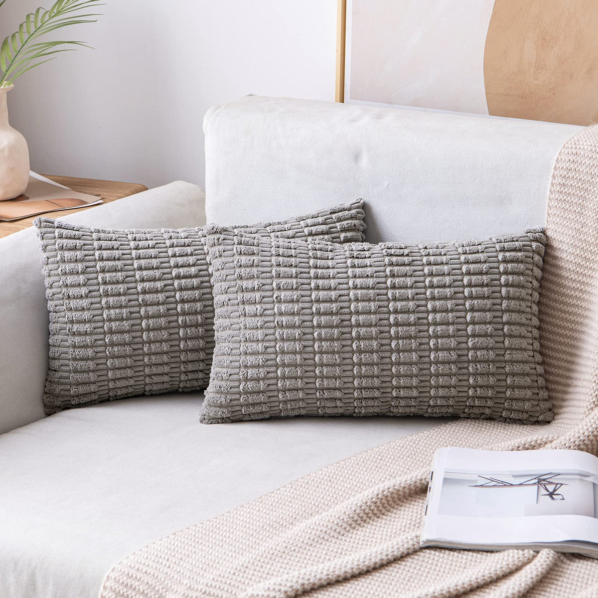 MIULEE Corduroy Decorative Throw Pillow Covers 18x18 Cream White Pack of 2