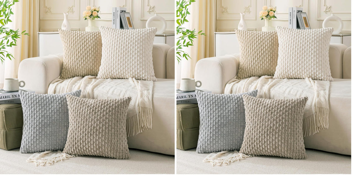 Set of 4 Neutral Decorative Throw Pillow Covers 18x18 Inch Corduroy Pillow Covers for Bed Couch Sofa Living Room Soft Square Cushion Cases