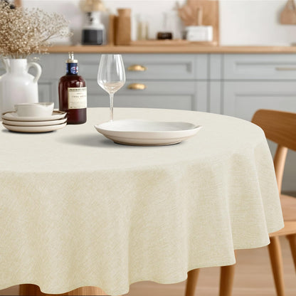 JIUZHEN Round Table Cloth Faux Linen Farmhouse Tablecloth Wrinkle and Stain Resistant Decorative Fabric Table Cover for Kitchen, Dining Room, Parties and Camping, Beige, 120 Inch Round