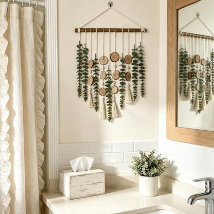 Artificial Eucalyptus Wall Decor Fake Greenery Leaves Stems Wall Hanging Plants on 16.5 inch Wooden Stick Boho Rustic Farmhouse Decor for Bedroom Kitchen Dining Room Bathroom