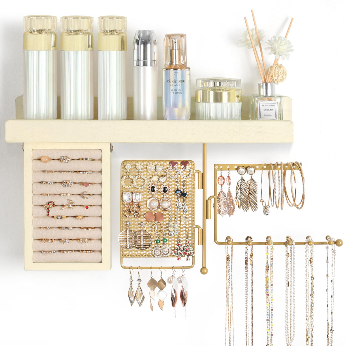 SOLIMINTR Hanging Jewelry Organizer Wall Mount with Rustic Wood Shelf, Ring Display Box, Ear Studs Earring Holder, Rotating Necklace Holder Organizer