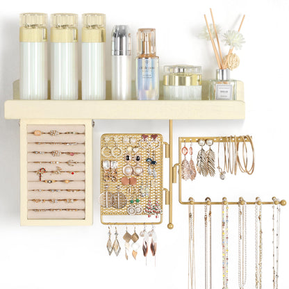 SOLIMINTR Hanging Jewelry Organizer Wall Mount with Rustic Wood Shelf, Ring Display Box, Ear Studs Earring Holder, Rotating Necklace Holder Organizer