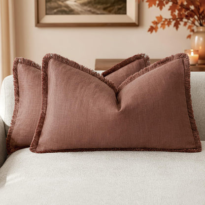 Foindtower Decorative Linen Fringe Throw Pillow Covers 20×20 Olive Green