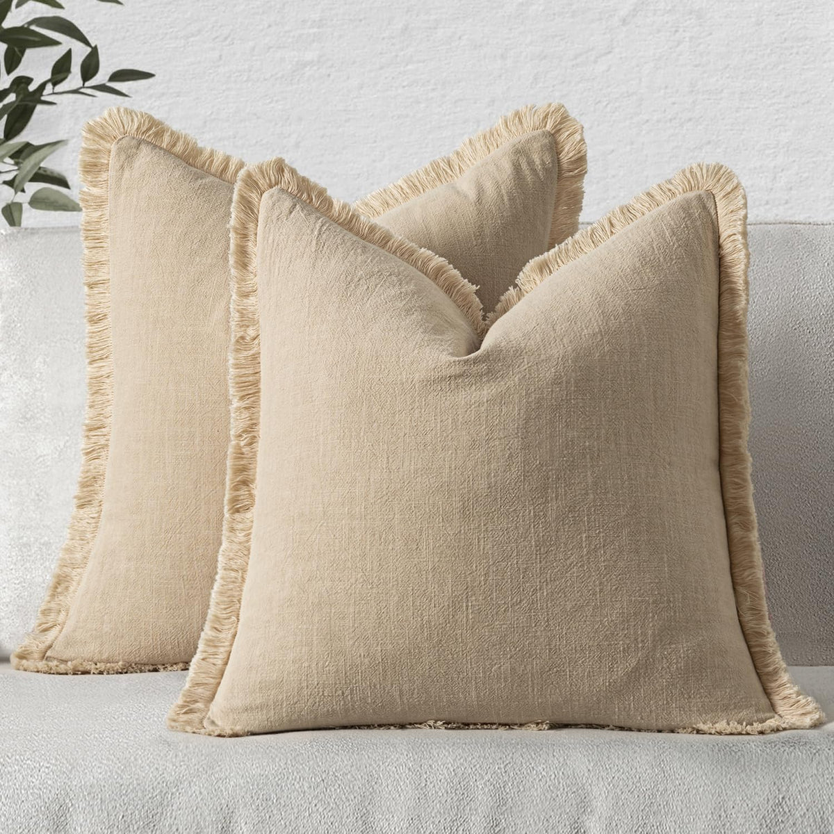 MIULEE Linen Fringe Decorative Throw Pillow Covers Natural Beige 20x20