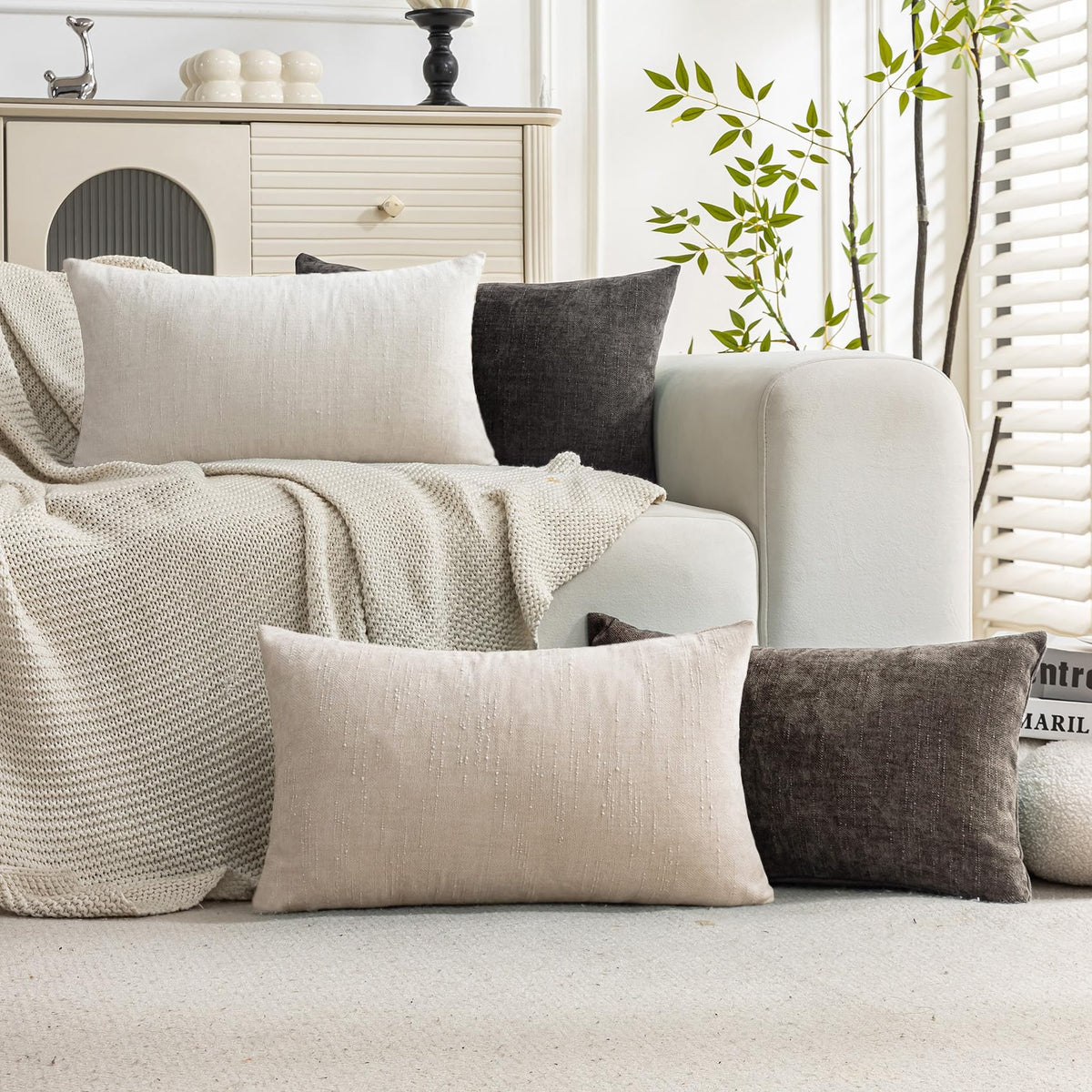 Set of 4 Soft Textured Throw Pillow Covers 18x18 Inch Cozy Decorative Farmhouse Cushion Cover Square Accent Pillow Cases for Bed Couch Sofa Living Room, Beige Taupe Brown
