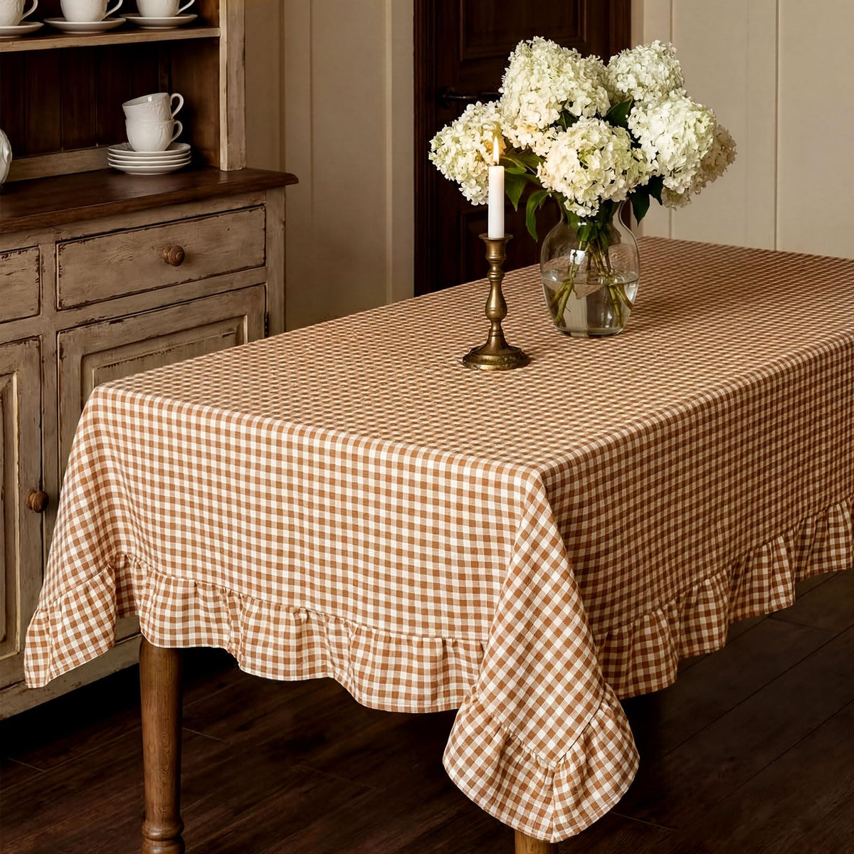 Mindsoft Light Pink Gingham Ruffled Tablecloth, 52 x 70 Inches, Rectangle