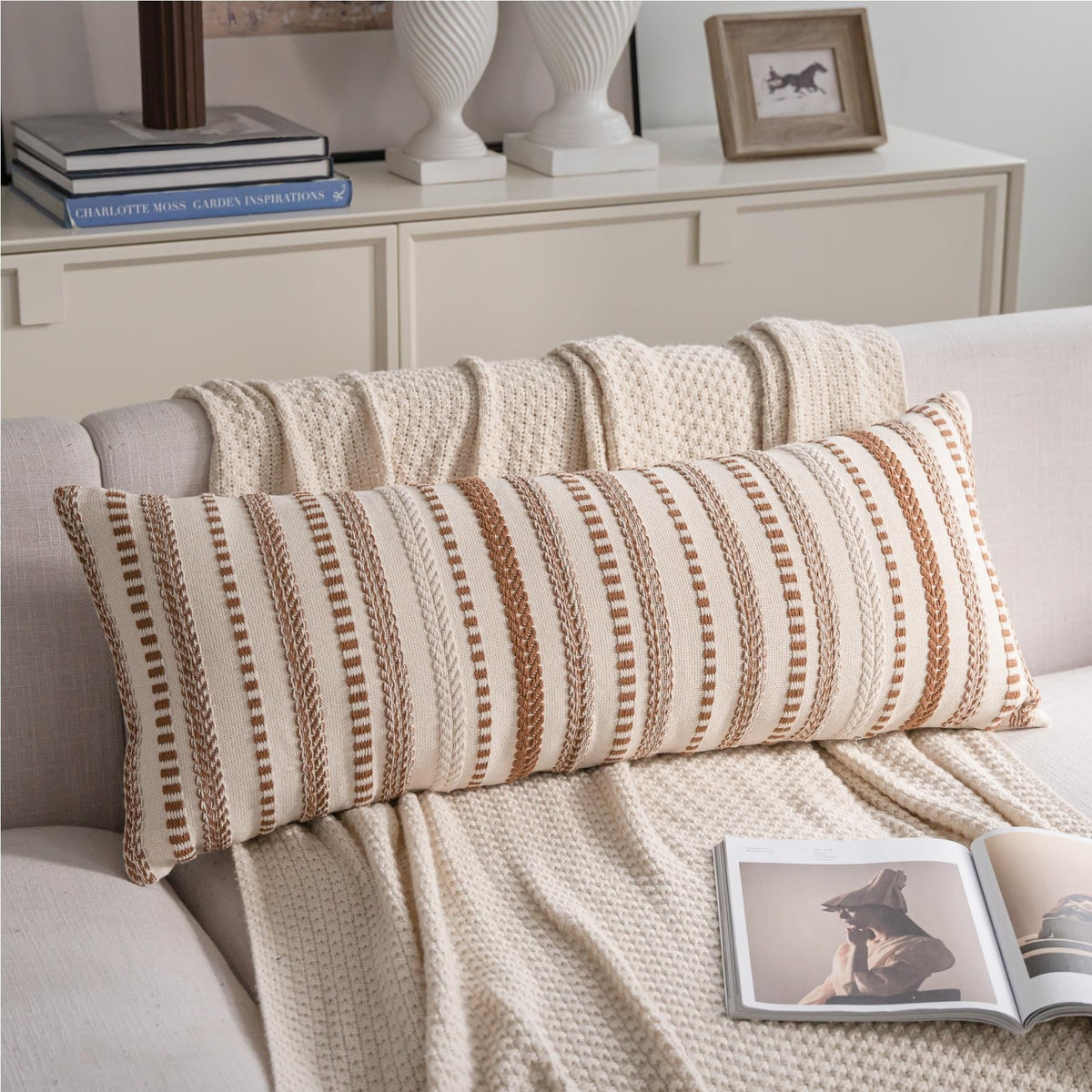 Cethom Navy Blue Boho Throw Pillow Covers 18x18 Inch Set of 2, Stripe Textured Decorative Couch Pillow Cases for Bed, Sofa, Living Room, Bedroom, Farmhouse Home Accent Cushion Covers