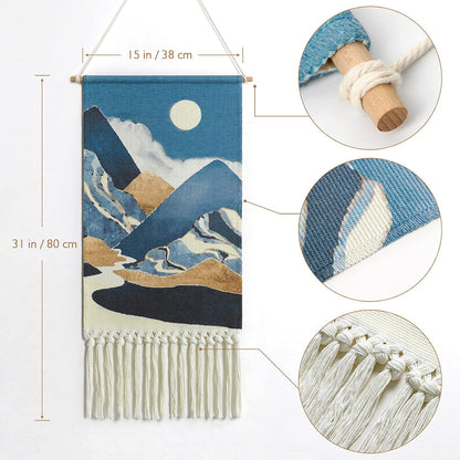 Blue Macrame Woven Wall Hanging Tapestry Boho Wall Art Moon Mountain