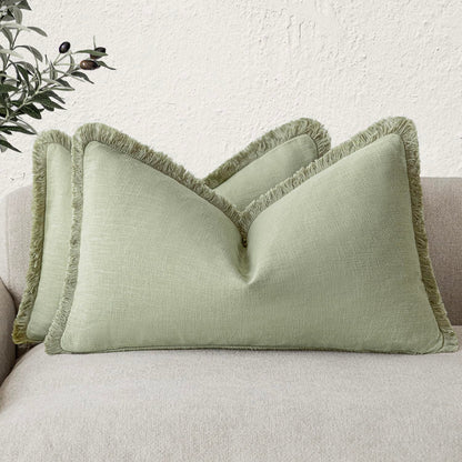 Foindtower Decorative Linen Fringe Throw Pillow Covers 20×20 Olive Green