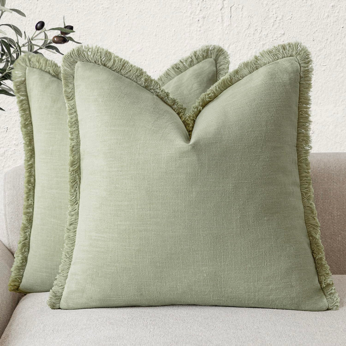 Foindtower Decorative Linen Fringe Throw Pillow Covers 20×20 Olive Green